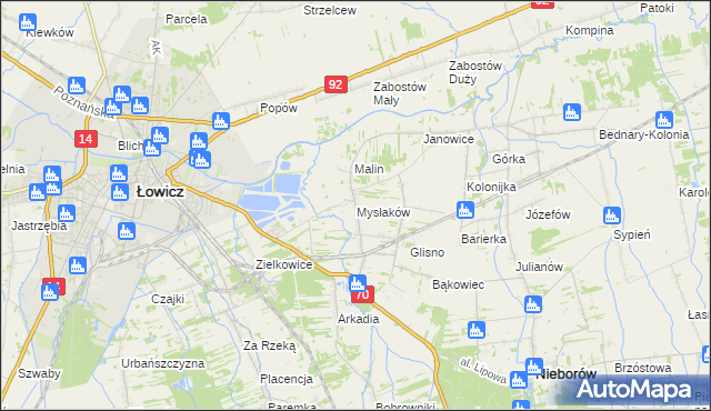 mapa Mysłaków gmina Nieborów, Mysłaków gmina Nieborów na mapie Targeo