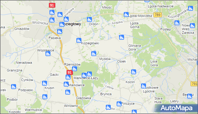 mapa Mysłów gmina Koziegłowy, Mysłów gmina Koziegłowy na mapie Targeo