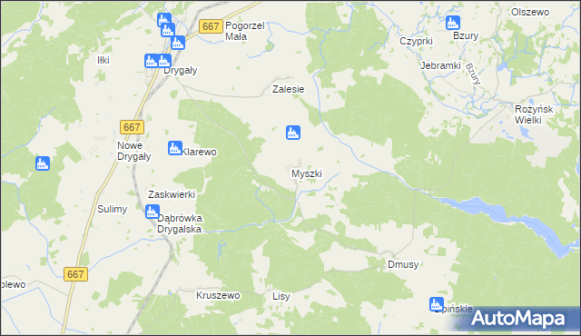 mapa Myszki gmina Biała Piska, Myszki gmina Biała Piska na mapie Targeo