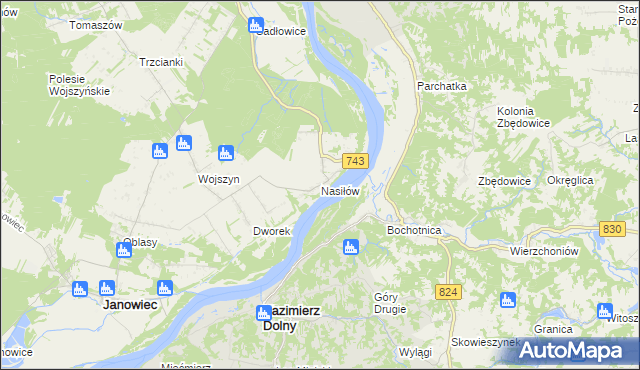 mapa Nasiłów gmina Janowiec, Nasiłów gmina Janowiec na mapie Targeo
