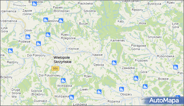 mapa Nawsie gmina Wielopole Skrzyńskie, Nawsie gmina Wielopole Skrzyńskie na mapie Targeo
