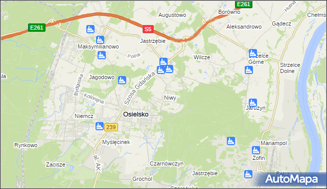 mapa Niwy gmina Osielsko, Niwy gmina Osielsko na mapie Targeo
