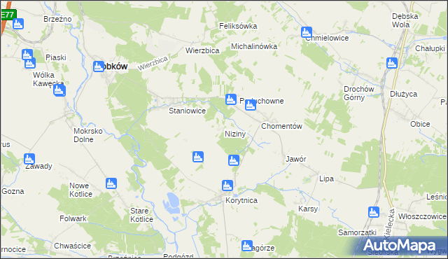 mapa Niziny gmina Sobków, Niziny gmina Sobków na mapie Targeo