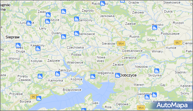 mapa Nowa Wieś gmina Dobczyce, Nowa Wieś gmina Dobczyce na mapie Targeo