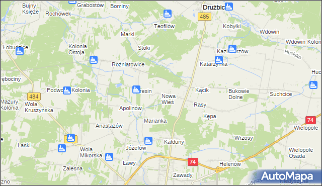 mapa Nowa Wieś gmina Drużbice, Nowa Wieś gmina Drużbice na mapie Targeo