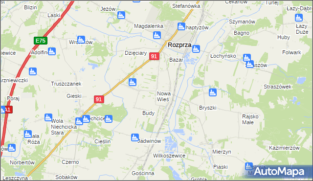 mapa Nowa Wieś gmina Rozprza, Nowa Wieś gmina Rozprza na mapie Targeo