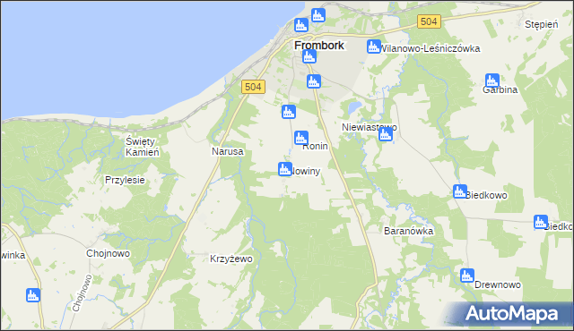 mapa Nowiny gmina Frombork, Nowiny gmina Frombork na mapie Targeo