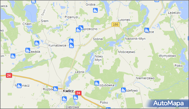 mapa Nowy Młyn gmina Kwilcz, Nowy Młyn gmina Kwilcz na mapie Targeo