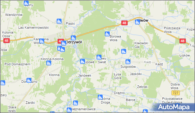 mapa Nowy Świat gmina Klwów, Nowy Świat gmina Klwów na mapie Targeo