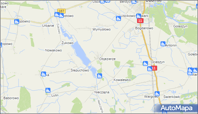 mapa Objezierze gmina Oborniki, Objezierze gmina Oborniki na mapie Targeo