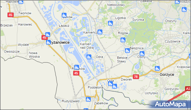 mapa Odra gmina Gorzyce, Odra gmina Gorzyce na mapie Targeo