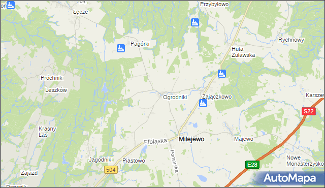 mapa Ogrodniki gmina Milejewo, Ogrodniki gmina Milejewo na mapie Targeo