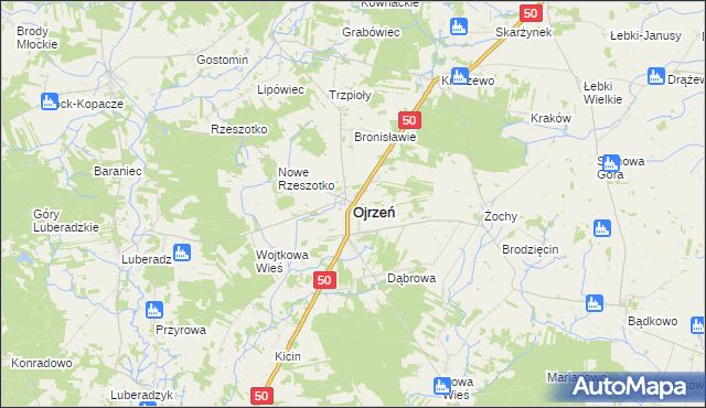 mapa Ojrzeń powiat ciechanowski, Ojrzeń powiat ciechanowski na mapie Targeo