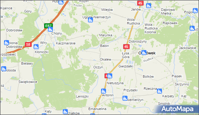 mapa Okalew gmina Ostrówek, Okalew gmina Ostrówek na mapie Targeo