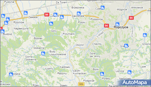 mapa Okonin gmina Ropczyce, Okonin gmina Ropczyce na mapie Targeo