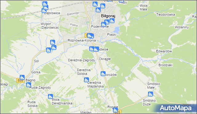 mapa Okrągłe gmina Biłgoraj, Okrągłe gmina Biłgoraj na mapie Targeo