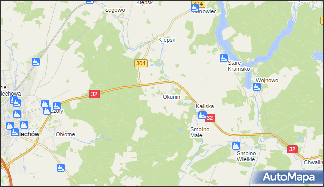 mapa Okunin gmina Sulechów, Okunin gmina Sulechów na mapie Targeo