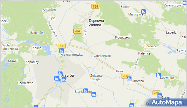 mapa Olbrachcice gmina Dąbrowa Zielona, Olbrachcice gmina Dąbrowa Zielona na mapie Targeo