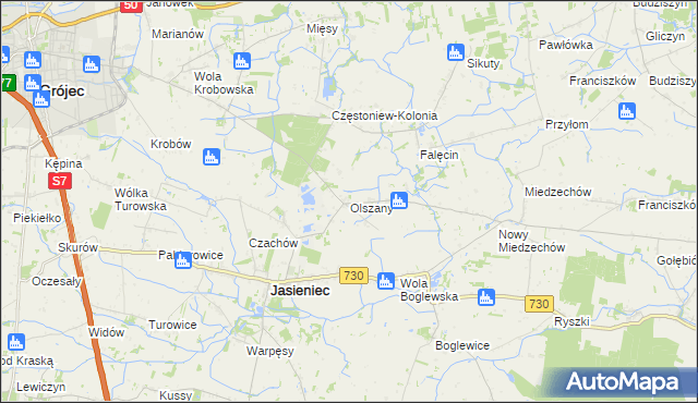 mapa Olszany gmina Jasieniec, Olszany gmina Jasieniec na mapie Targeo