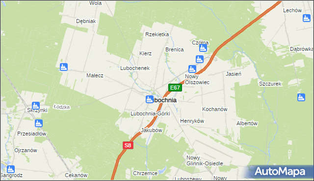 mapa Olszowiec gmina Lubochnia, Olszowiec gmina Lubochnia na mapie Targeo