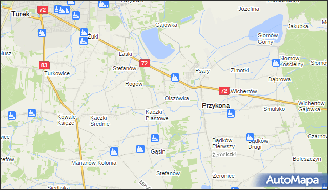 mapa Olszówka gmina Przykona, Olszówka gmina Przykona na mapie Targeo