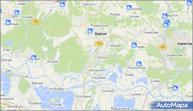 mapa Olszyny gmina Babice, Olszyny gmina Babice na mapie Targeo