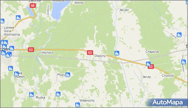 mapa Olszyny gmina Szczytno, Olszyny gmina Szczytno na mapie Targeo