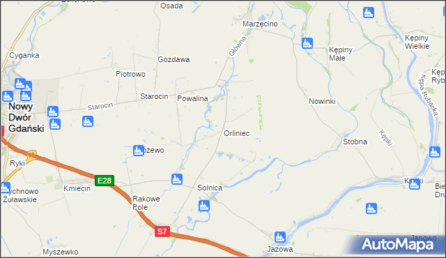 mapa Orliniec gmina Nowy Dwór Gdański, Orliniec gmina Nowy Dwór Gdański na mapie Targeo