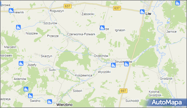 mapa Orzechów gmina Wierzbno, Orzechów gmina Wierzbno na mapie Targeo