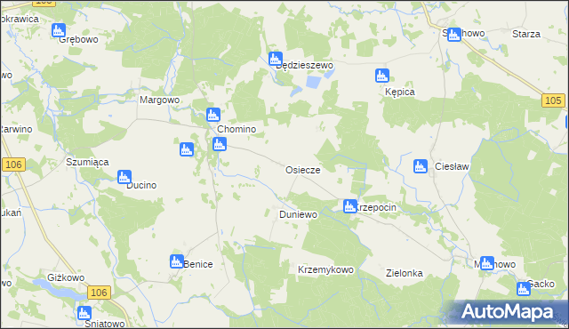 mapa Osiecze gmina Świerzno, Osiecze gmina Świerzno na mapie Targeo