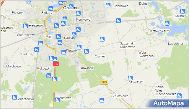 mapa Osiniec gmina Gniezno, Osiniec gmina Gniezno na mapie Targeo