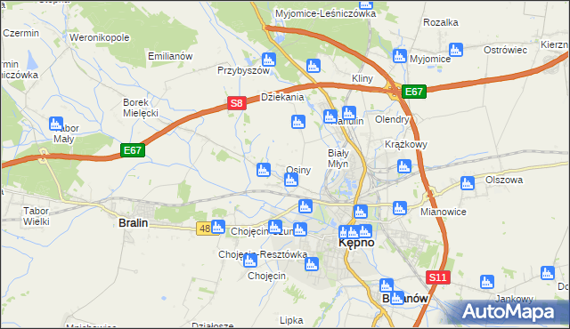 mapa Osiny gmina Kępno, Osiny gmina Kępno na mapie Targeo