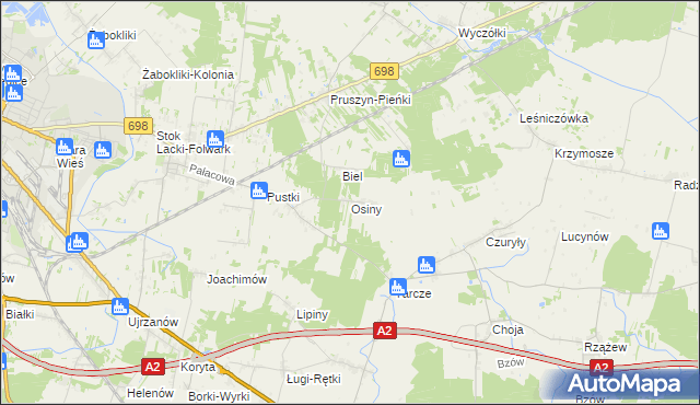 mapa Osiny gmina Siedlce, Osiny gmina Siedlce na mapie Targeo