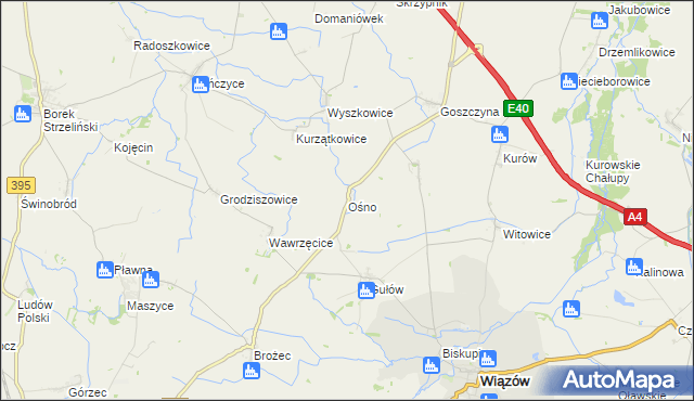 mapa Ośno gmina Wiązów, Ośno gmina Wiązów na mapie Targeo