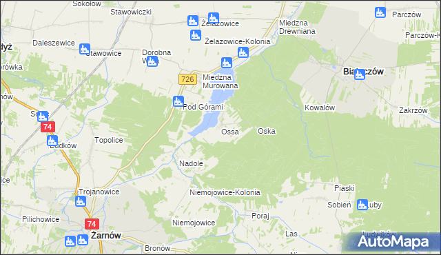 mapa Ossa gmina Białaczów, Ossa gmina Białaczów na mapie Targeo