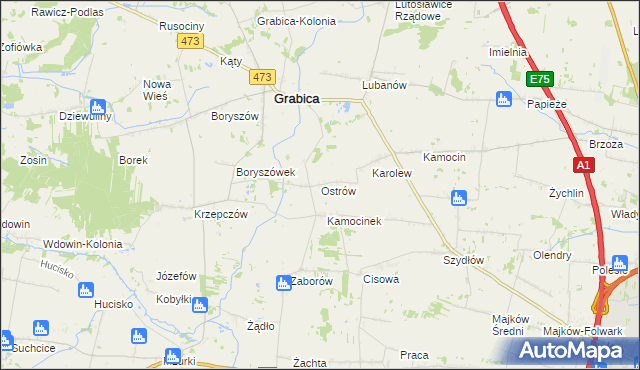 mapa Ostrów gmina Grabica, Ostrów gmina Grabica na mapie Targeo