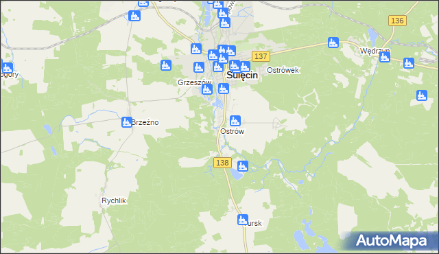 mapa Ostrów gmina Sulęcin, Ostrów gmina Sulęcin na mapie Targeo