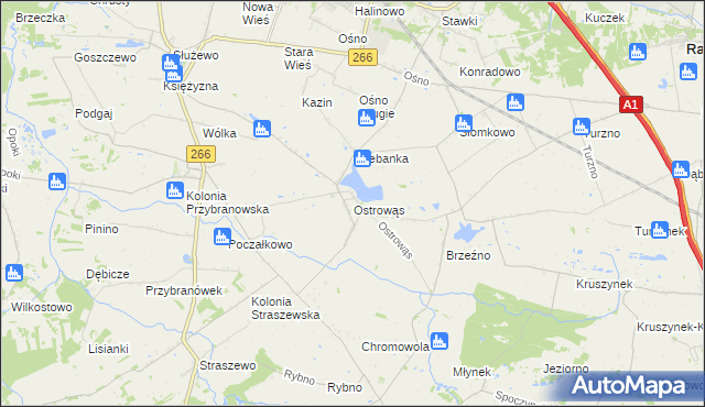 mapa Ostrowąs gmina Aleksandrów Kujawski, Ostrowąs gmina Aleksandrów Kujawski na mapie Targeo