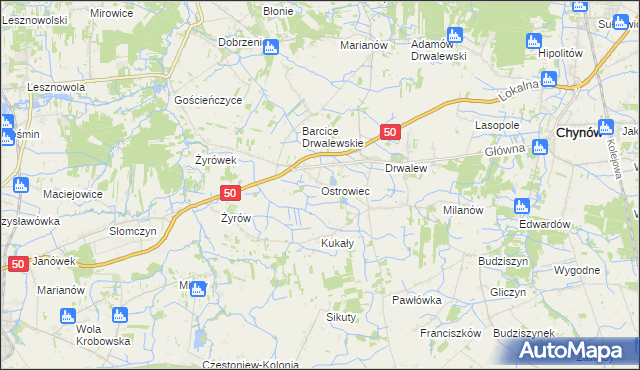 mapa Ostrowiec gmina Chynów, Ostrowiec gmina Chynów na mapie Targeo