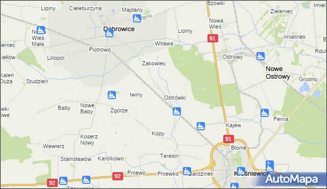 mapa Ostrówki gmina Dąbrowice, Ostrówki gmina Dąbrowice na mapie Targeo