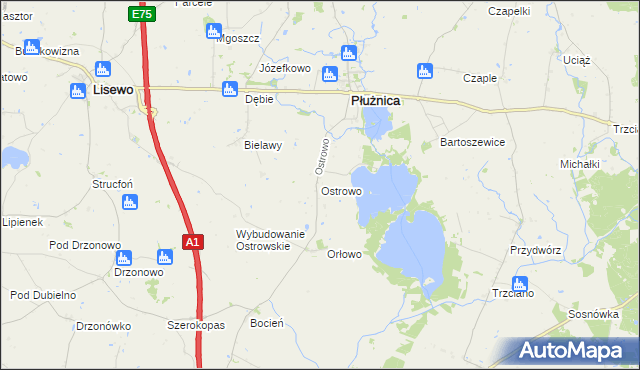 mapa Ostrowo gmina Płużnica, Ostrowo gmina Płużnica na mapie Targeo