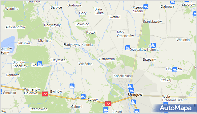 mapa Ostrowsko gmina Uniejów, Ostrowsko gmina Uniejów na mapie Targeo