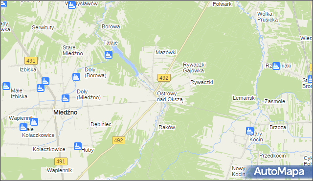 mapa Ostrowy nad Okszą, Ostrowy nad Okszą na mapie Targeo