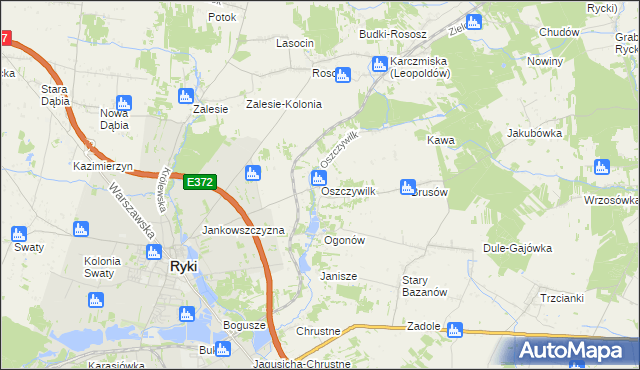 mapa Oszczywilk gmina Ryki, Oszczywilk gmina Ryki na mapie Targeo