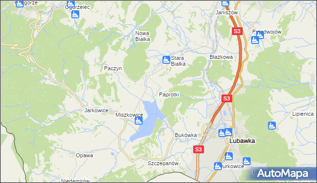 mapa Paprotki gmina Lubawka, Paprotki gmina Lubawka na mapie Targeo