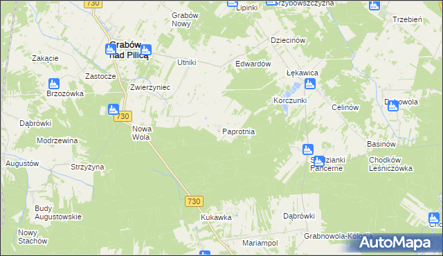 mapa Paprotnia gmina Grabów nad Pilicą, Paprotnia gmina Grabów nad Pilicą na mapie Targeo
