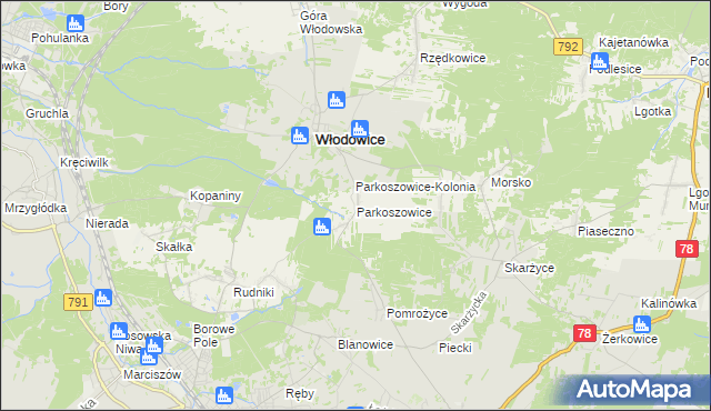 mapa Parkoszowice gmina Włodowice, Parkoszowice gmina Włodowice na mapie Targeo