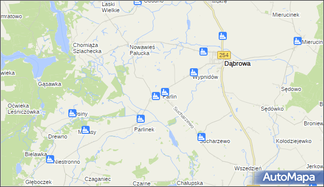 mapa Parlin gmina Dąbrowa, Parlin gmina Dąbrowa na mapie Targeo