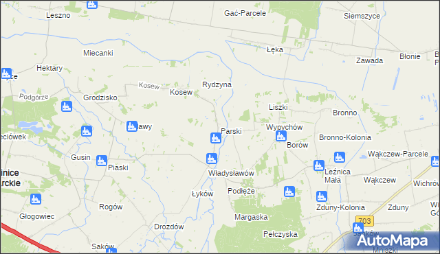 mapa Parski gmina Świnice Warckie, Parski gmina Świnice Warckie na mapie Targeo