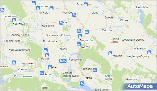 mapa Pawęzów gmina Oksa, Pawęzów gmina Oksa na mapie Targeo